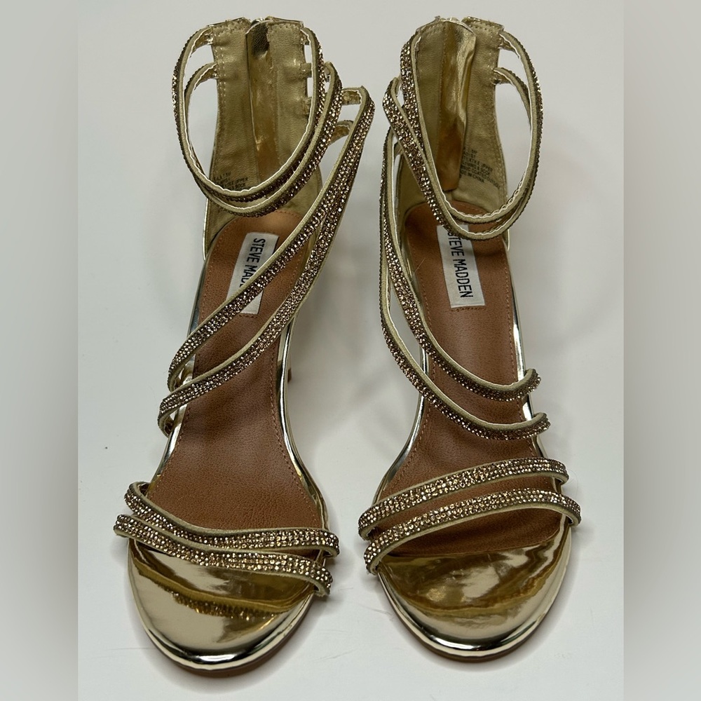 Steve Madden Gold Rhinestone Cocktail Strappy Stiletto Formal Heel Size 7.5